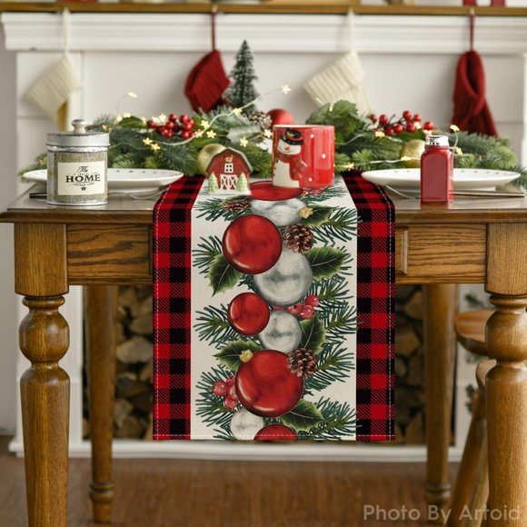 13''x72'' Buffalo Plaid Red Black Balls Christmas Table Runner Home Decoration - Picture 7 of 7